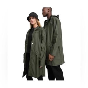 Rains New Long Jacket Hooded Evergreen Waterproof Unisex Size L New With Tags
